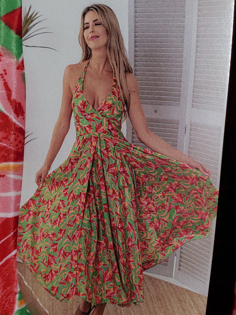 V-Neck Halter Floral Maxi Dress in Green and Pink